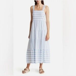 Casa cabana Blue and White Striped tiered Maxi midi linen Dress medium Diane